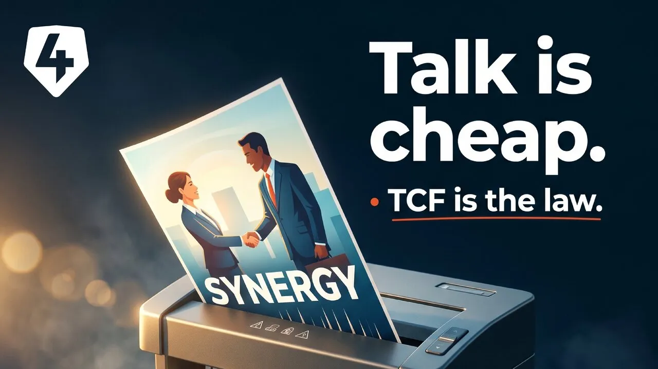 Bold messaging shows “Talk is cheap” and “TCF is the law” with “synergy” on a screen, tying fairness and TCF to customer protection.