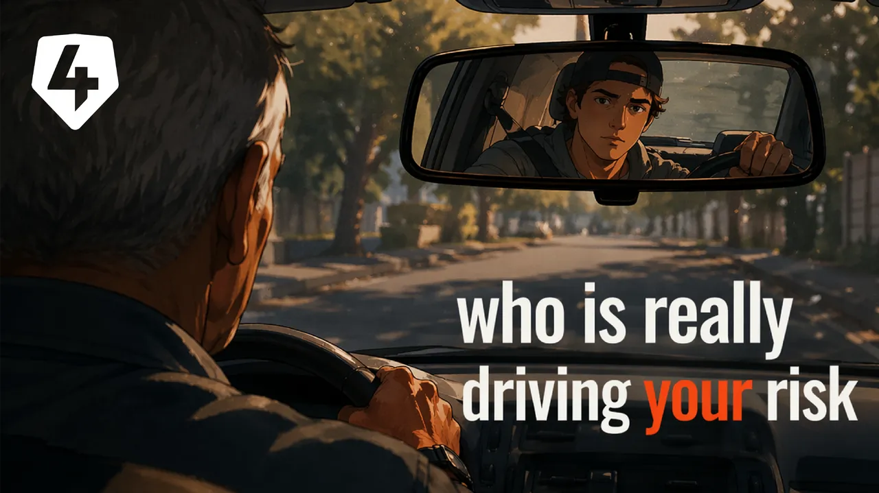 Clear view inside a car with golden-hour lighting, showing the message “who is really driving your risk” and reinforcing Material Facts and Duty of Disclosure.